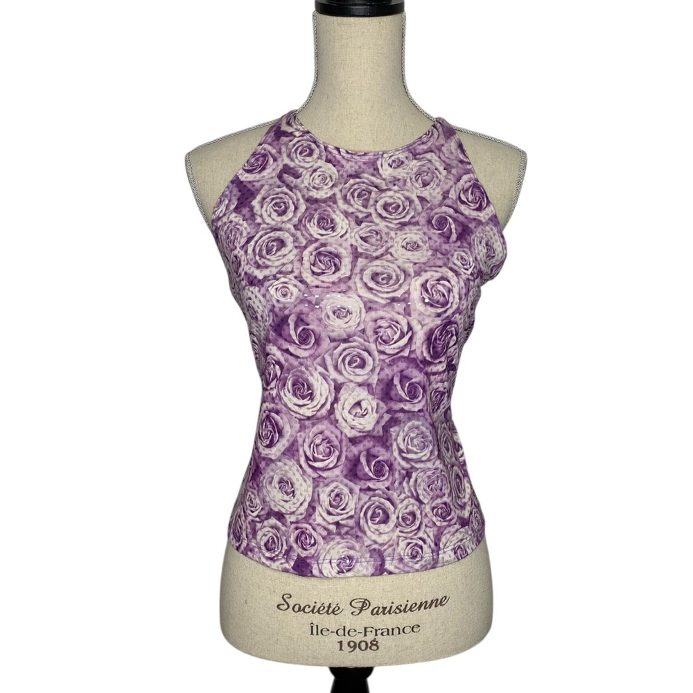 Y2K 2000s Purple Rose Print Halter Tie Top